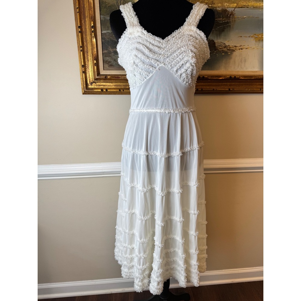 Vintage Shadowline White Nylon Tricot Tiered Ruffle Nightgown Dress Size 34